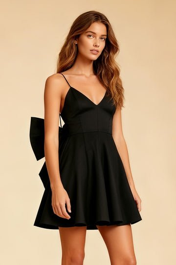 A Line Black Spaghetti Straps Mini Dress with Bow